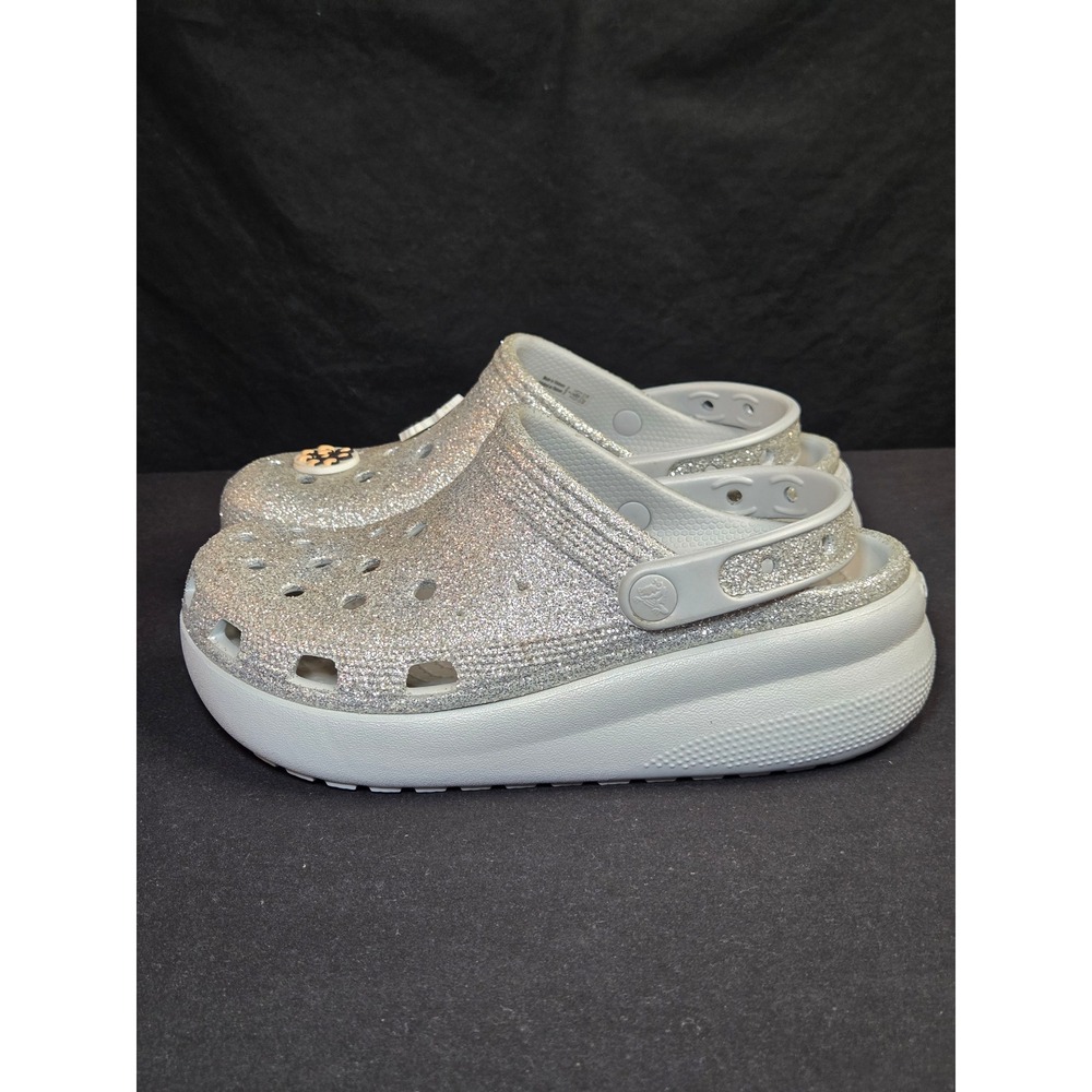 Crocs Classic Glitter Platform Clogs Silver Kids J5 Jibbitz Charms 207834 - Picture 2 of 8
